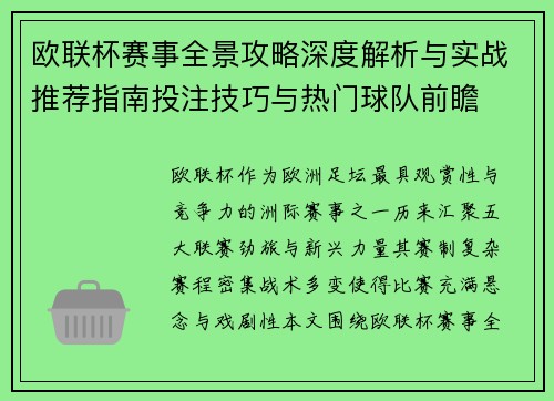 欧联杯赛事全景攻略深度解析与实战推荐指南投注技巧与热门球队前瞻